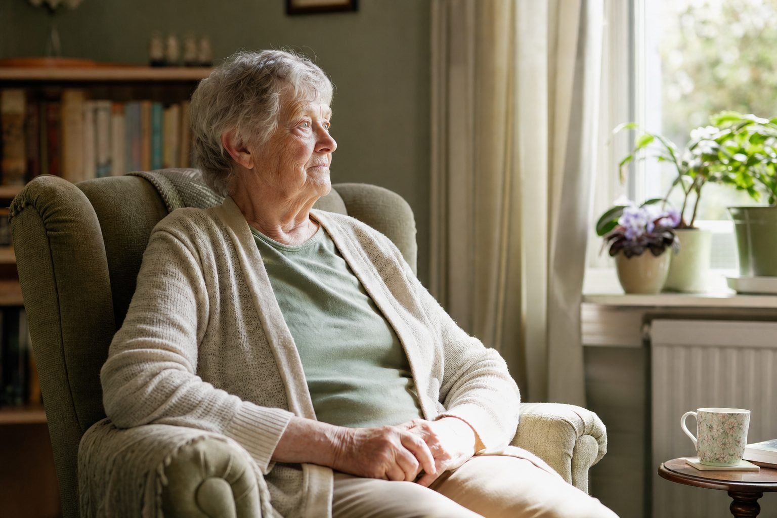 A woman in her seventies sitting by a window at home in the morning light