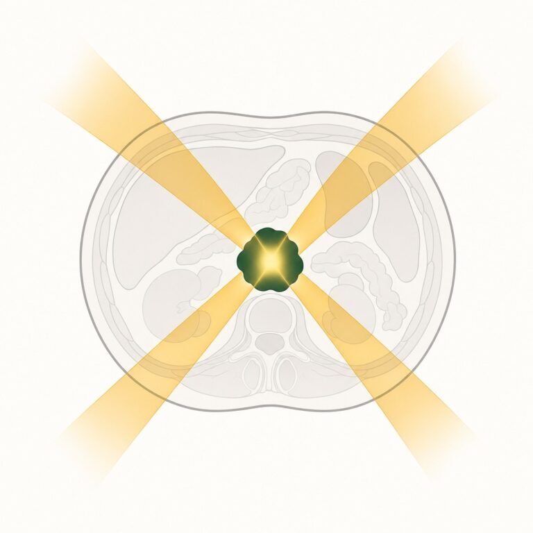 Diagram of conformal radiation therapy: four shaped beams entering from different angles and overlapping on a tumor