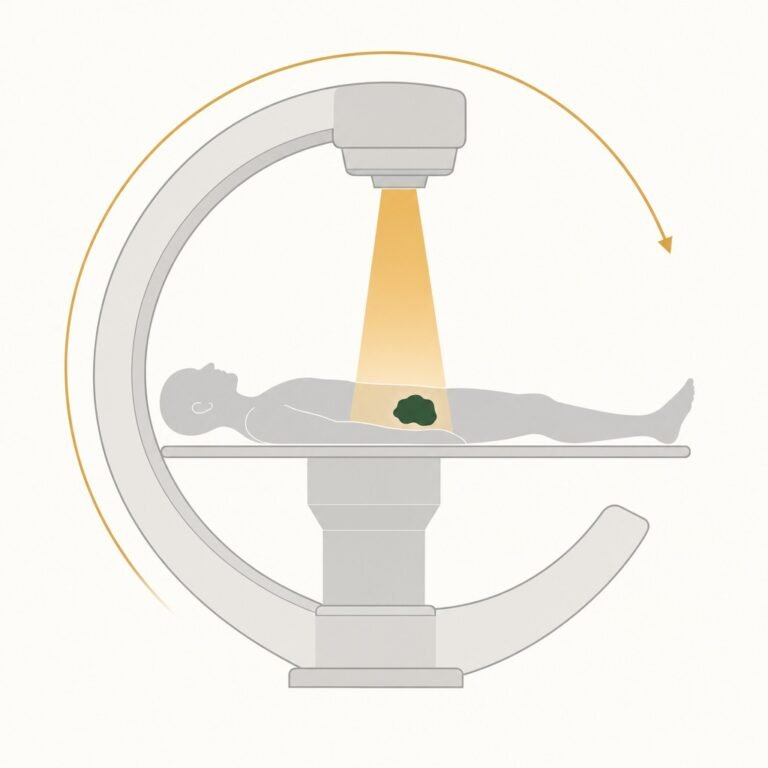 Diagram of external beam radiation: a machine rotating around a person on a treatment table, aiming a beam at a tumor inside