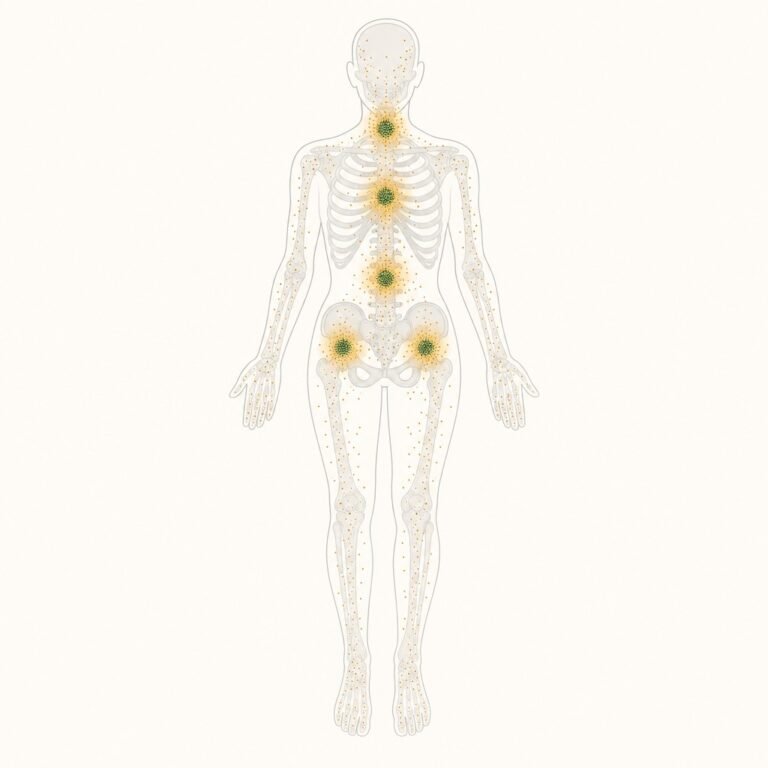 Diagram of radiopharmaceutical therapy: a radioactive medicine travelling through the body and collecting at deposits in bone