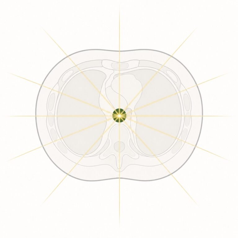 Diagram of SBRT: many narrow beams entering from all sides and meeting on one small tumor