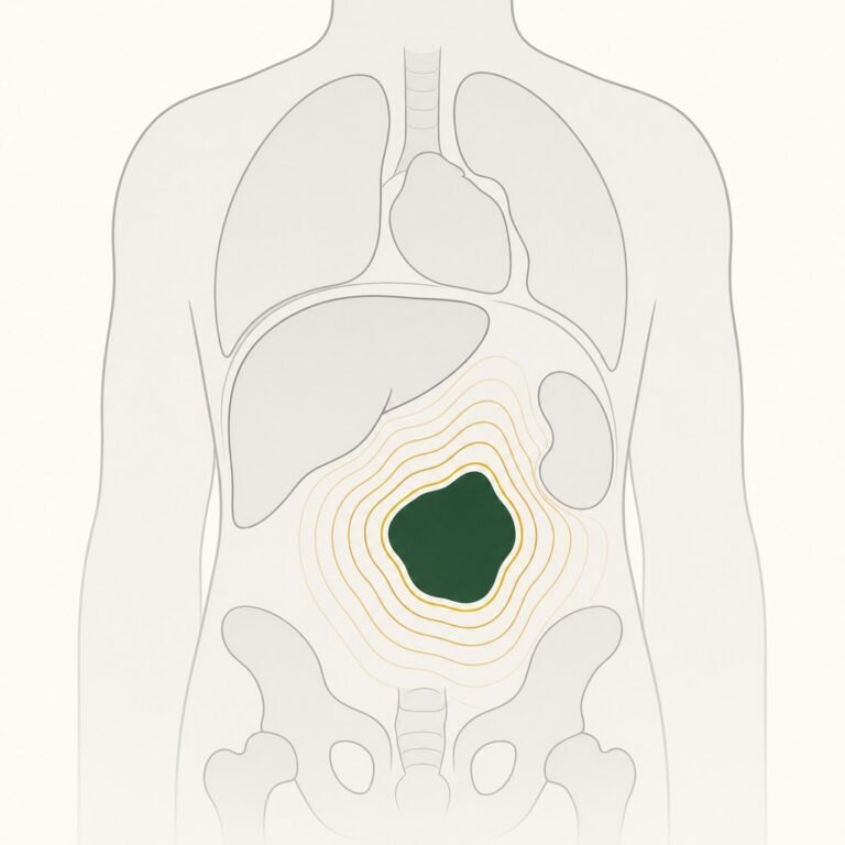 Treatment planning diagram: dose contours mapped around a tumor, bending away from the organs beside it