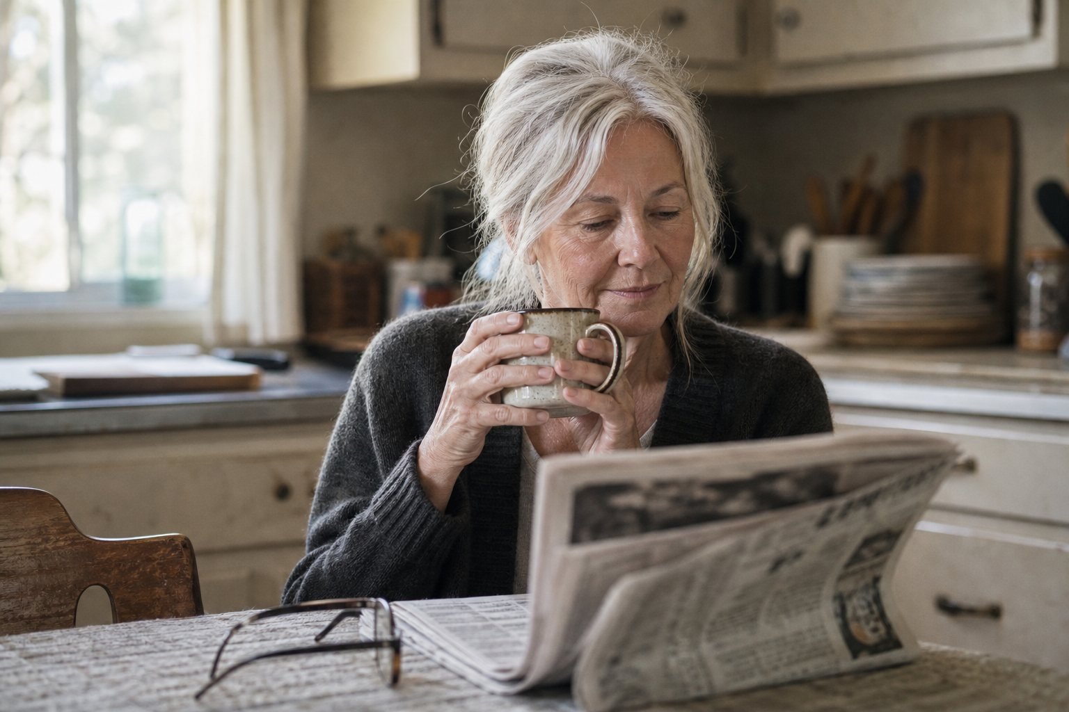 A woman in her sixties at her kitchen table in the morning with a coffee and a newspaper