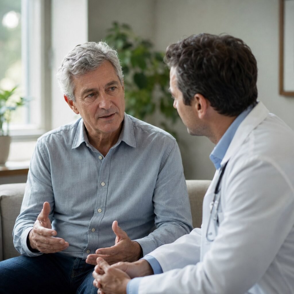 A radiation oncologist talking through options with a patient