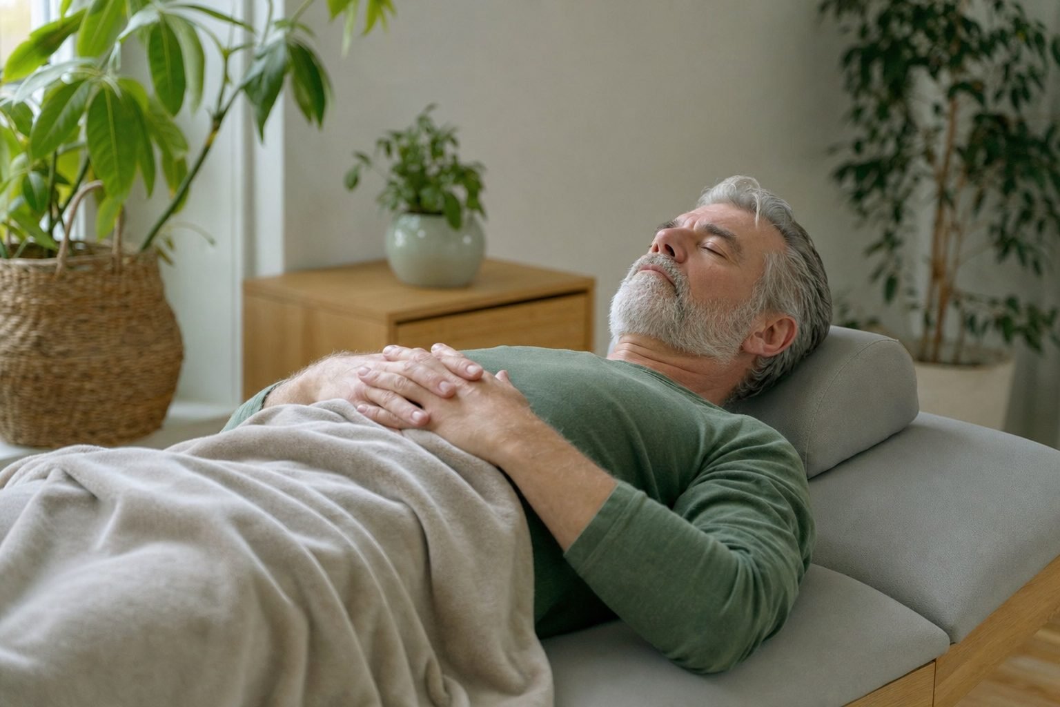 A man in his sixties lying still and relaxed on a padded table in a bright room