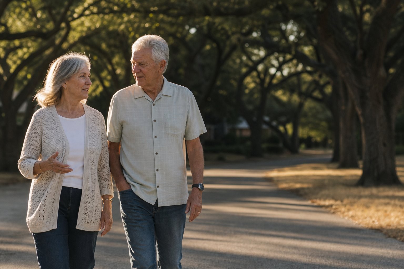 A couple in their sixties walking together along a tree-lined path in the morning