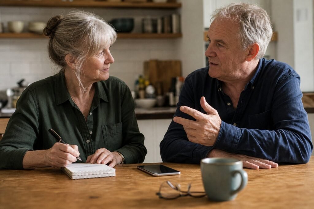 A couple at a kitchen table writing down questions before an appointment