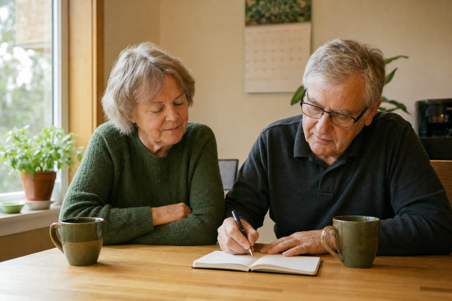 A couple in their sixties at their kitchen table in the morning, one writing in a notebook