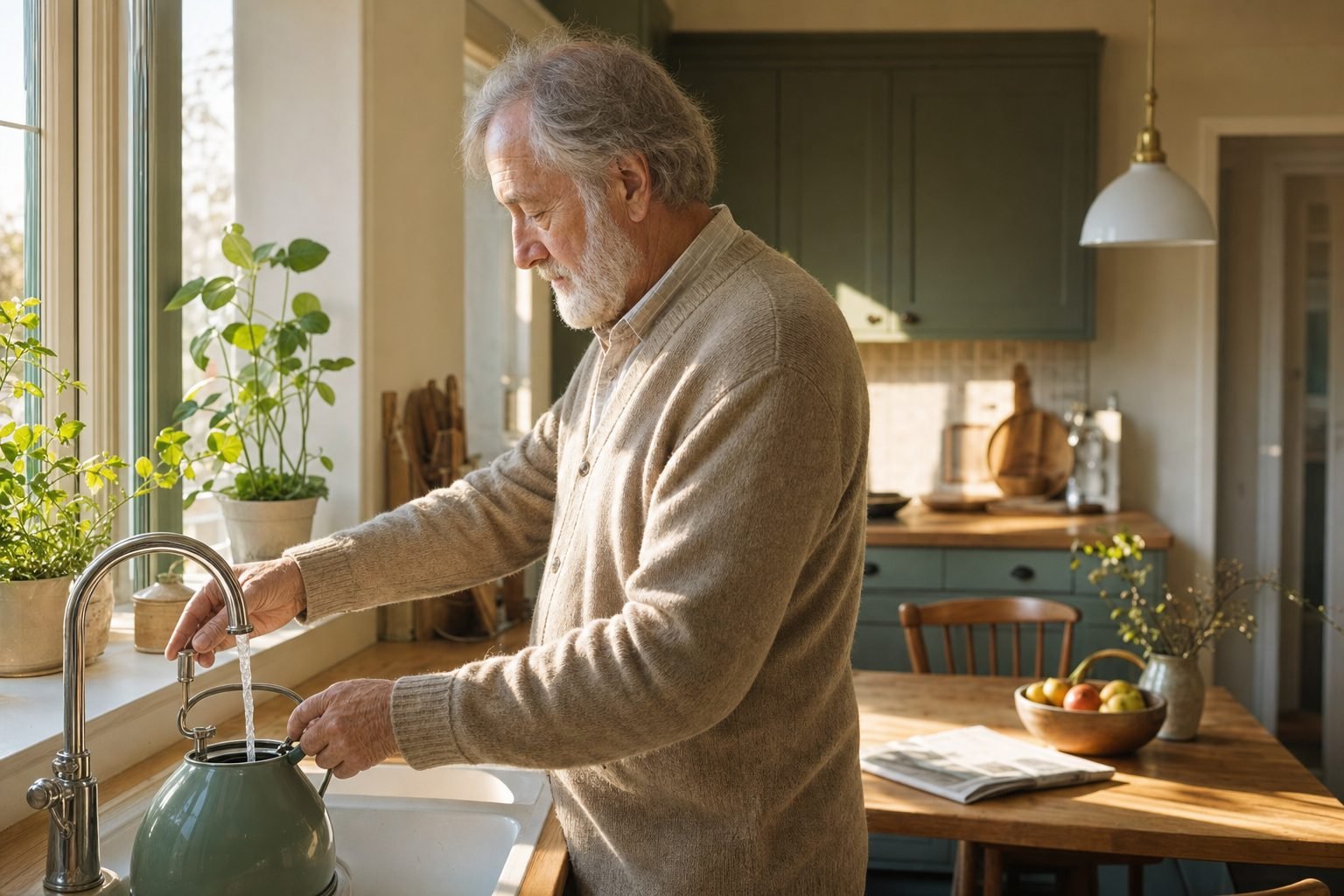 A man in his sixties filling a kettle at the sink in his own kitchen in the morning