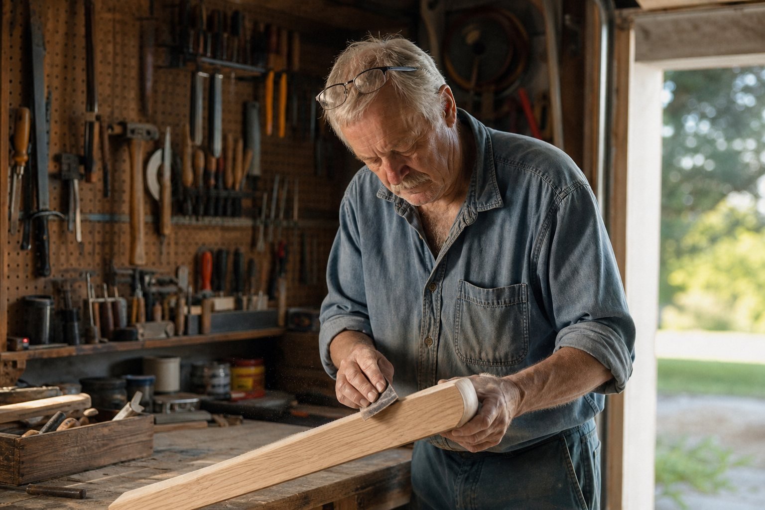 A man in his seventies working at a bench in his own garage workshop