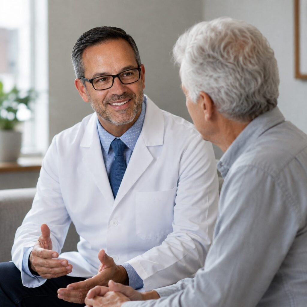 A radiation oncologist talking with a man in his seventies during a consultation