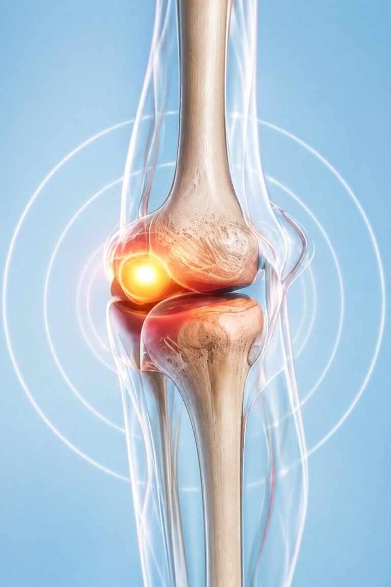Low-dose radiation therapy for knee osteoarthritis: illustration of a knee joint with the inflamed area highlighted
