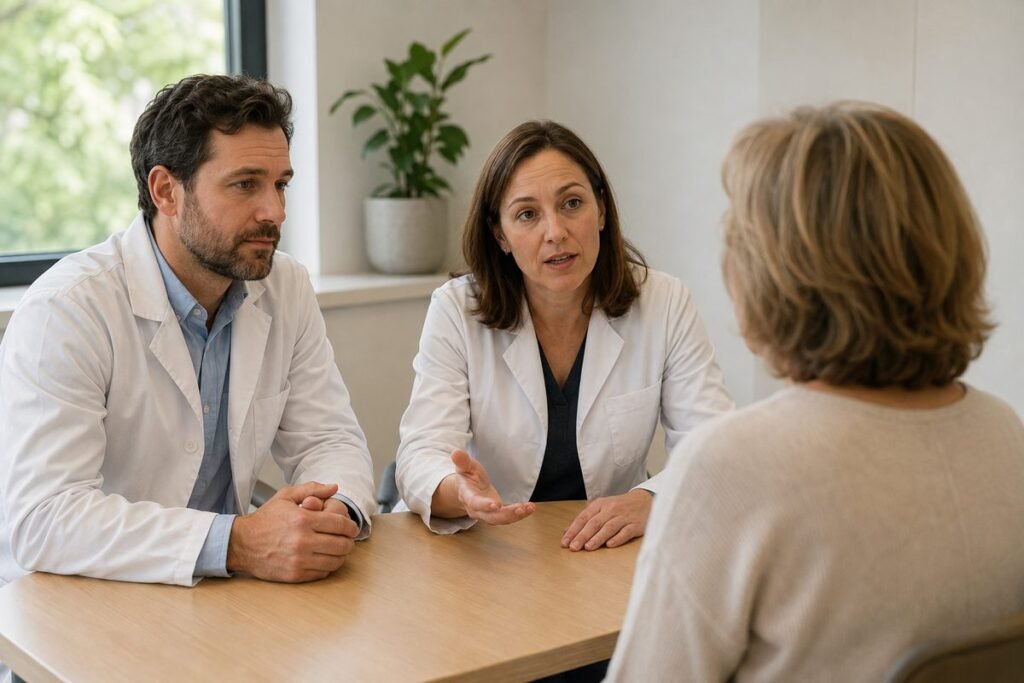 Two radiation oncologists talking with a patient across a table