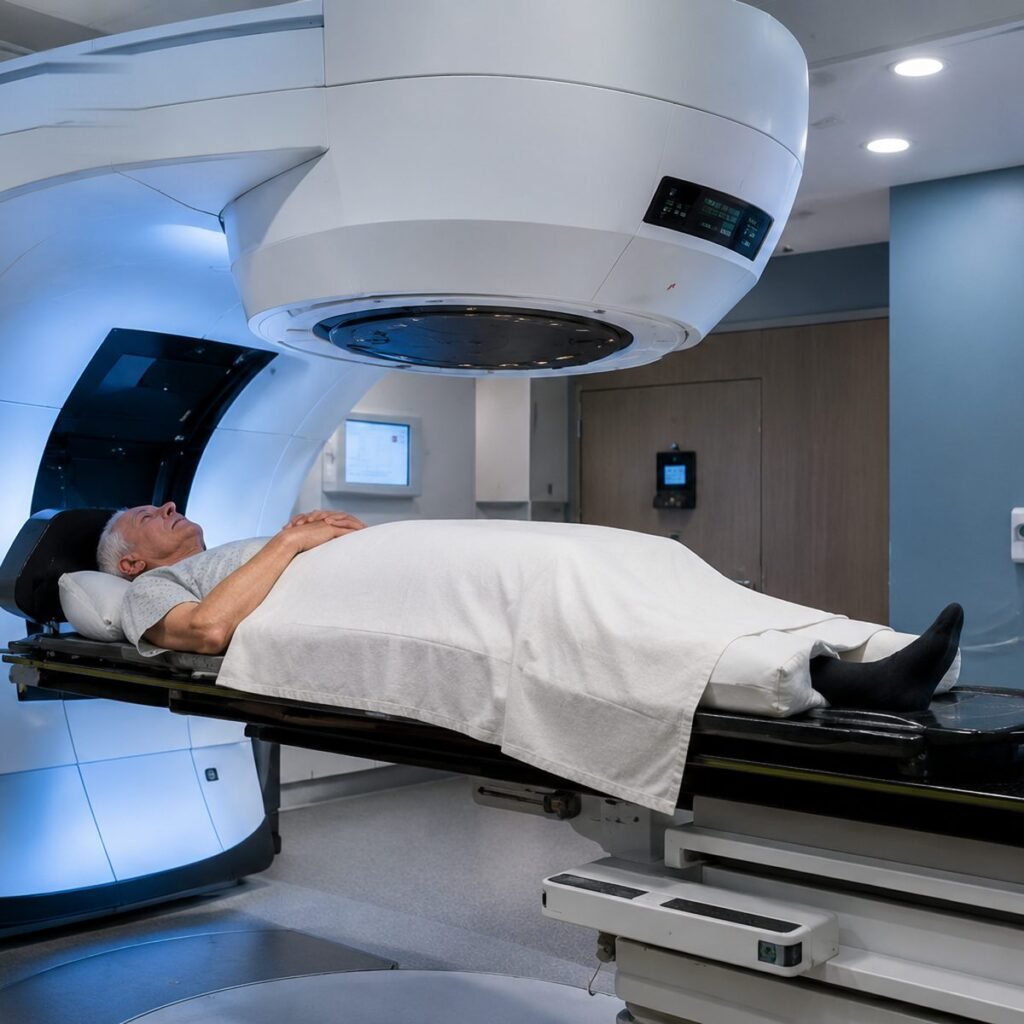A patient lying on the treatment table beneath the linear accelerator